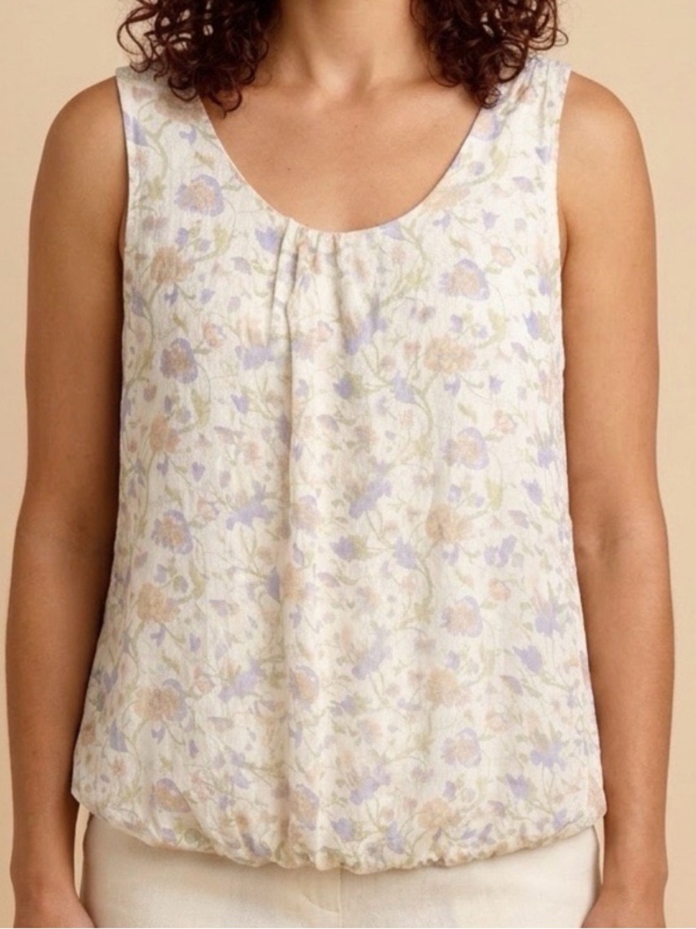 Elena Baldi Itailian Silk Floral Scoop Neck Sleeveless Top in Cream and Pastel